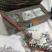 تصویر نوار خرج کار هفت رنگ ریشه ای ظریف همراه با نخ قیطون و زری دوزی 