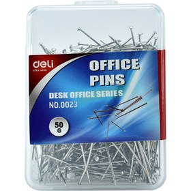 تصویر سوزن ته گرد دلی کد 0023 بسته 50 گرمی deli NO.0023 Office Pins pack of 50g