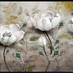 تصویر تابلو دکوراتیو گل سفید برجسته با نگین و رزین 