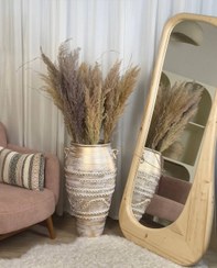 تصویر گلدان دکوراتیو سفالی پتینه‌ای مدل زنجیره‌ای طلایی سفید ارتفاع ۷۰ سانت مناسب گل طبیعی و مصنوعی 