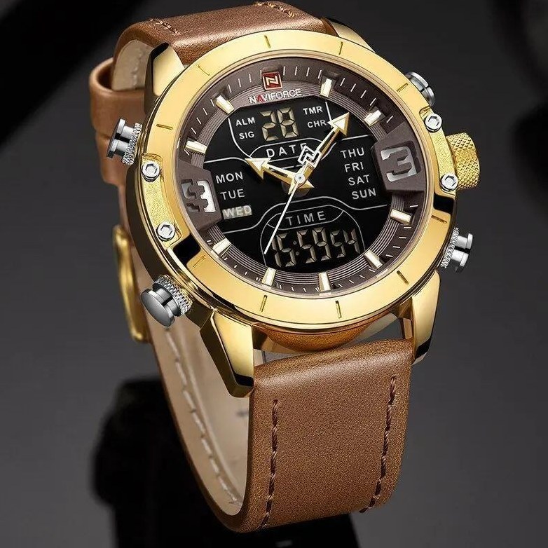 خرید و قیمت ساعت مردانه naviforce موتور ژاپن جنس بند چرم دو زمانه