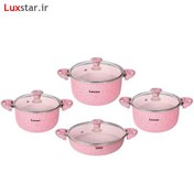 تصویر سرویس قابلمه 8 پارچه لاوان مدل تیتان _ صورتی ا 8-piece lavan pot service, titan model, pink 8-piece lavan pot service, titan model, pink