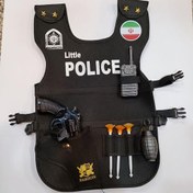 تصویر جلیقه پلیس فری سایز کشی همراه نارنجک و بیسیم و تفنگ و 3 عدد تیر ست ایفای نقش 