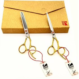 تصویر ست قیچی فینی 6اینچ دسته طلایی (کات و کوتاهی _ پیتاژ) 6inch fine scissors set with golden handle (cutting and shortening _ pitage)