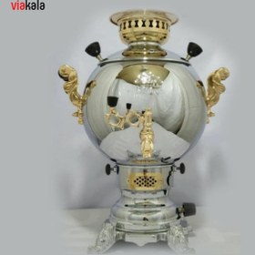 تصویر سماور گازی 6 لیتری مدل توپی قلمکار نیم طلا کروم طاووس 