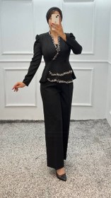 تصویر کت و شلوار زنانه ناهید مدل شیک مجلسی رنگ کرمی 