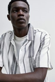 تصویر پیراهن لینن راه راه آستین کوتاه مردانه برند اچ اند ام H&M 