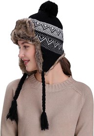 تصویر Highpot Women Knit Wool Beanie Hat Winter Warm Ski Cap with Ear Flaps (Black) 