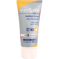 تصویر کرم ضد آفتاب فاقد چربی spf40 آقایان سان سیف مناسب برای انواع پوست حجم 50 میلی لیتر Sunsafe Acti Sun spf40 Oil free For Men 50 ml