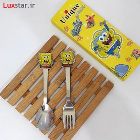 تصویر قاشق چنگال کودک یونیک طرح باب اسفنجی unique spongebob spoon and fork