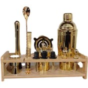 تصویر ست بار سرد طلایی با پایه چوبی ا Golden cold bar set with wooden base 