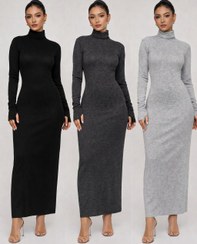 تصویر ماکسی یقه اسکی فینگر دار زنانه - طوسی روشن 