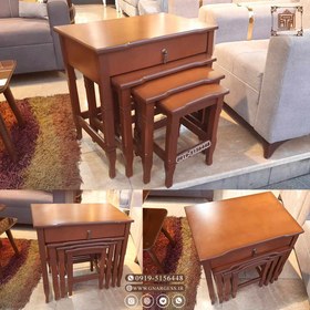تصویر میز عسلی 4 تکه کشودار چوبی خراطی در طرح ساده و معرق 