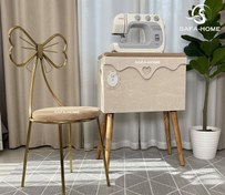 تصویر میز چرخ‌خیاطی مدل دوژان پتینه نسکافه‌ای و صندلی پاپیونی 