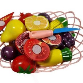 تصویر میوه برشی،همراه با کارد و تخته برش،سبد برای نگهداری میوه 