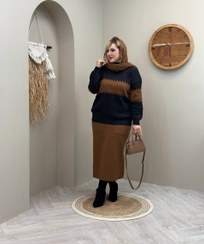 تصویر ست بلوز دامن بافت طرح دوتیکه کرم مشکی و سبز سفید 