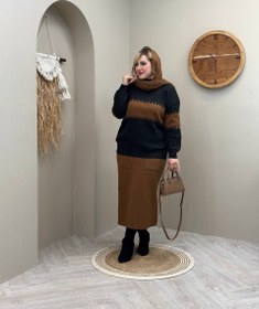 تصویر ست بلوز دامن بافت طرح دوتیکه کرم مشکی و سبز سفید 