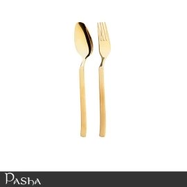 تصویر سرویس قاشق و چنگال پاشا 147 پارچه مدل میلان طلایی براق PVD Pasha Spoon nd Fork Service 147 Fabric Model MILAN