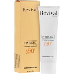 تصویر کرم ضد آفتاب بی‌رنگ کلکسیون رویوال، spf 50، مدل prebiotic، ‌مناسب پوست‌های چرب و مختلط با حجم 50 میلی‌لیتر، محافظت‌کننده در برابر اشعه‌های UVA و PA ،UVB+++، ضد جوش و آکنه، دارای فرمولاسیون آنتی اکسیدان، نیاسینامید و ویتامین E، با ماندگاری 5 ساعته 