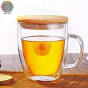 تصویر لیوان دو جداره دسته دار 250ml شیشه ای پیرکس(بوروسیلیکات) همراه درب بامبو کد3-2 