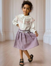 تصویر لباس مجلسی دخترانه چهار تیکه شومیز و دامن و کمربند و گیره 