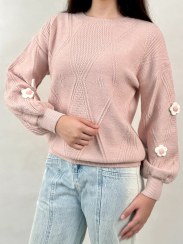 تصویر ژاکت زنانه بافت آستین پفی گل سفید 