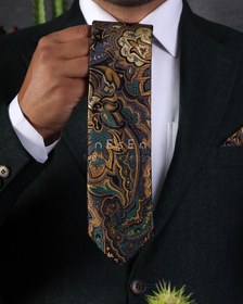 تصویر ست کراوات و دستمال جیب مردانه NESEN | سبز طلایی طرح بته‌جقه T133 
