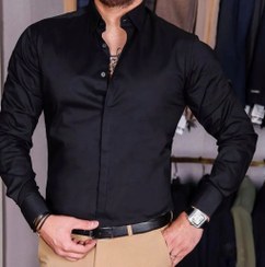 تصویر پیراهن جدید مشکی ساتن کش دکمه مخفی - L New Black Satin Cache Button Hidden Shirt