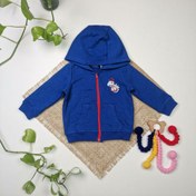 تصویر سویشرت توکرکی نوزادی آستین بلند برند لوپیلو طرح آفتاب پرست کلاهدار آبی رنگ 