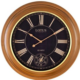 تصویر ساعت چوبی با زه فلزی آبکاری لوتوس کد W-682-MARION سایز 57cm سانتیمتر رنگ قهوه ای زمینه مشکی 