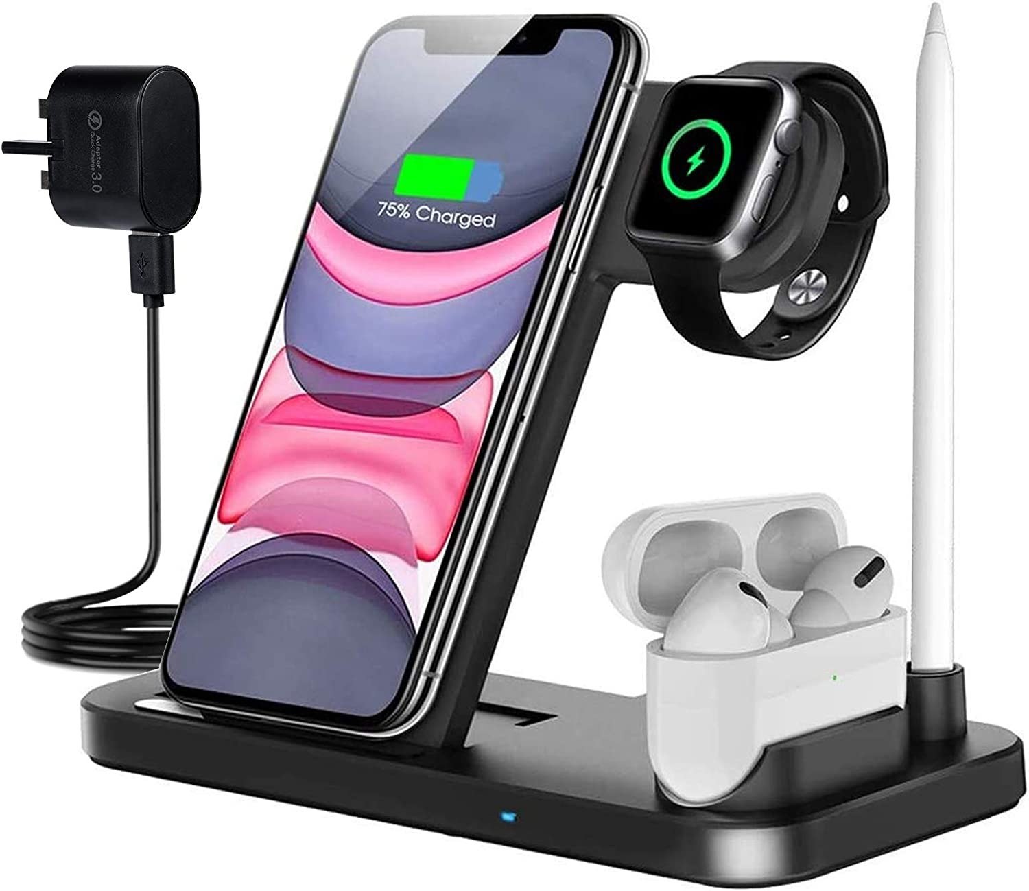 خرید و قیمت یستگاه شارژ بی‌سیم سریع 4 در 1 برای iPhone 131212  Pro11XXS88P Galaxy S10S10 Plus، Apple Watch و AirPods و Pencil  Charging Station Dock برند ‎AccLoo - مدل ‎U5021 -