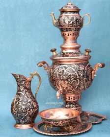 تصویر سماور مسی ذغالی الماس تراش آب و نقره 
