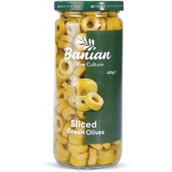 تصویر زیتون سبز اسلایس شده بانیان وزن 460 گرم 