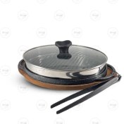 تصویر تابه گریل چدن پرانی سایز 30 با سینی چوبی 