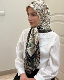 تصویر روسری ابریشم گل بهاری - کرم سرمه ای Scarf