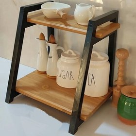 تصویر استند دوطبقه شیبدار آشپزخانه چوبی چوب روس رنگ ترکیب قهوه ای ومشکی ضد آب 