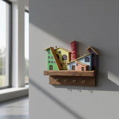تصویر جاکلیدی دیواری چوبی دست‌ساز مدل دهکده چند رنگ پاستیلی Handmade Pastel Village Wooden Key Holder