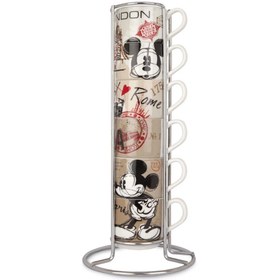 تصویر ست ۶ تایی اسپرسوی دیزنی میکی و مینی Set 6 Stackable Espresso Cups Mickey Mouse in the City + Metal Rack 