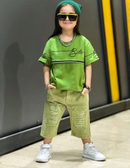 تصویر تیشرت و شلوارک اسپرت بچگانه پنبه سوپر رنگ شیری 