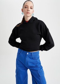 تصویر خرید اینترنتی هودی زنانه سیاه دفکتو Z9509AZ22AU Kapüşonlu Basic Crop Sweatshirt