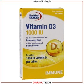 تصویر قرص ویتامین D3 1000 واحد یوروویتال 60 عدد Eurho Vital Vitamin D3 1000 IU 60 Tabs