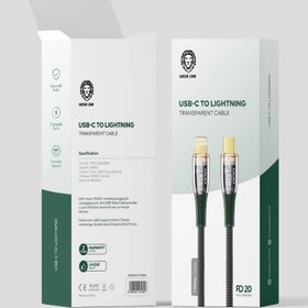 تصویر کابل شفاف ال ای دی دار تایپ سی به لایتنینگ گرین - مشکی Green Lion USB-C to Lightning Transparent Cable