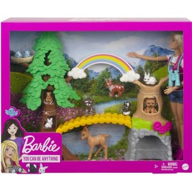 تصویر عروسک و ست بازی راهنمای باربی در طبیعت، عروسک مد روز بلوند با 10 شکلک حیوانی برند barbie Barbie Wilderness Guide Doll and Playset, Blonde Fashion Doll with 10 Animal Figures