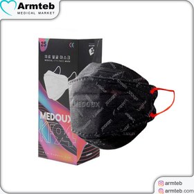 تصویر ماسک 5 لایه مداکس فست مدل 3D مشکی بند قرمز بسته 25عددی 