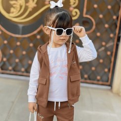 تصویر ست سه تکه دخترانه هودی بدون آستین با شلوار و پیراهن آستین بلند رنگبندی دار لباس دخترانه اسپرت پاییزه