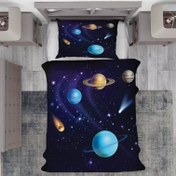 تصویر ست اتاق کودک روتختی، پرده و فرشینه طرح کهکشانی 