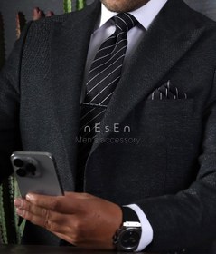 تصویر ست کراوات و دستمال جیب مردانه NESEN | طرح کجراه مشکی T136 