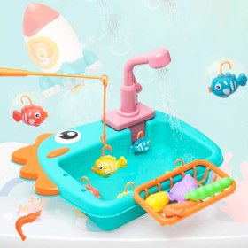 تصویر سینک ظرفشویی دایناسوری اسباب بازی با قلاب ماهیگیری 