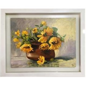تصویر تابلو نقاشى رنگ روغن طرح گل هاى آفتابگردان و گلدان مسى 