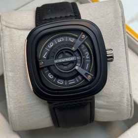 تصویر ساعت مچی مدل sevenfriday صفحه مربعی - تمام مشکی با کنتور وسط طلایی Seven friday